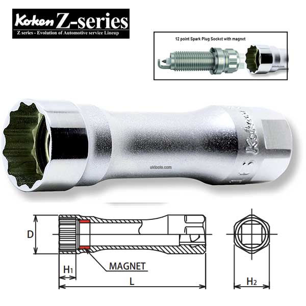 Koken 3305PZ-16 16mm 3/8''Dr. Z-Series 12pt Spark Splug Socket w/ Magnet