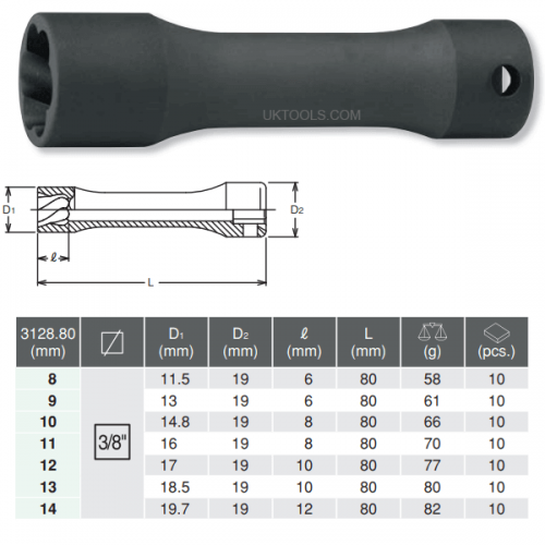 Koken 3128M-8 8mm - 3/8''Dr. Deep Nut Twister - 80mm long