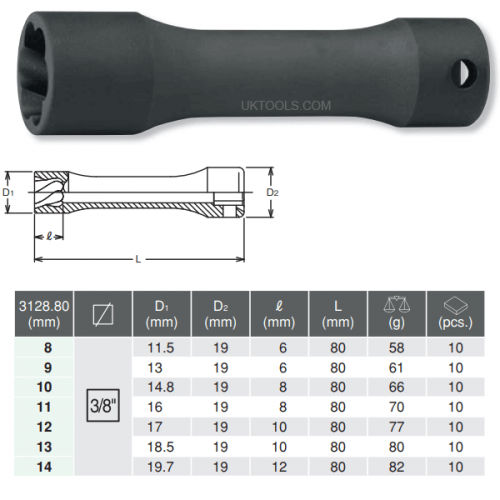 Koken 3128M-9 9mm - 3/8''Dr. Deep Nut Twister - 80mm long