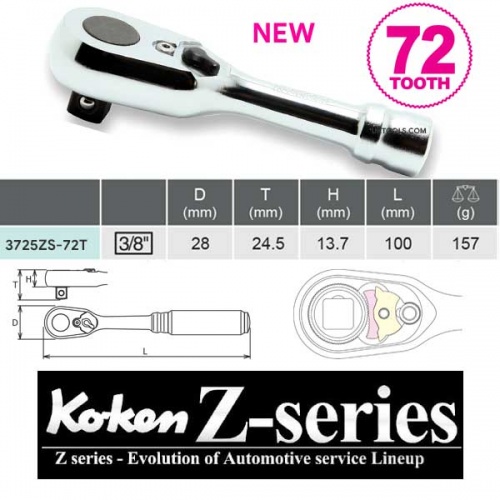 Koken 3725ZS-72T New Z Series 3/8''Sq Drive Short Ratchet 72tooth