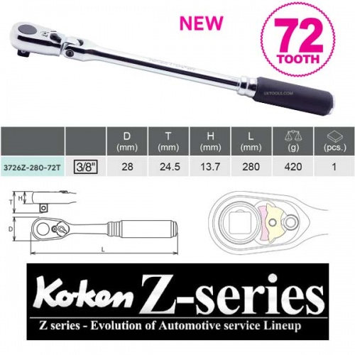 Koken 3726Z-280-72T Z Series 3/8''Dr 280mm Long Flexi Ratchet 72tooth