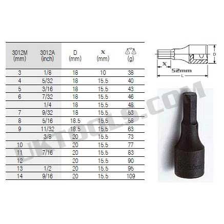 Koken 3012M.52-11 11mm 3/8''Drive Hex Socket (Allan Key Type)