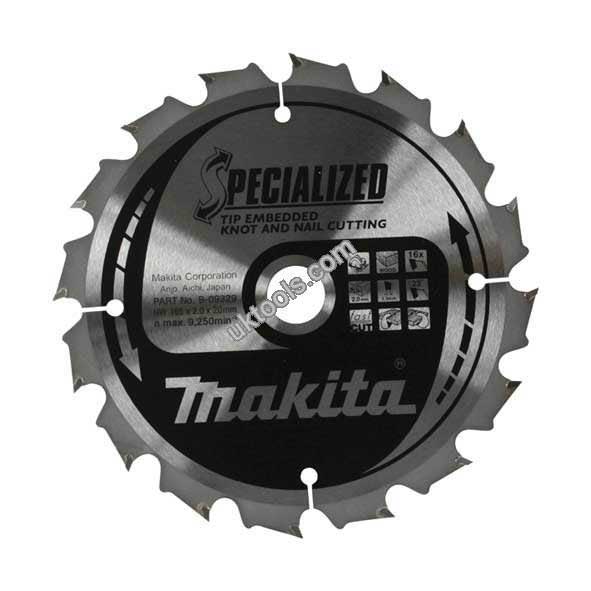 Makita SPECIALIZED 185mm Portable Circular Saw Blade x 16T for Wood with Nails B-09335