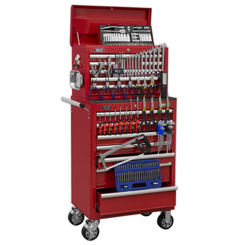Sealey Topchest & Rollcab Combination 15 Drawer with Ball Bearing Slides - Red & 147pc Tool Kit