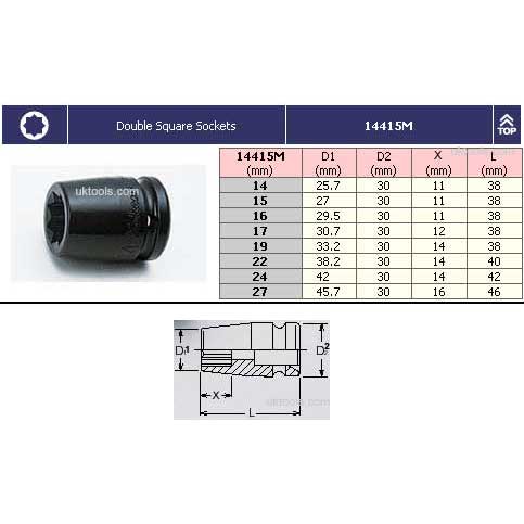 Koken 14415M-22 22mm  8 point 1/2''.Dr Impact Socket Double Square