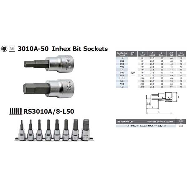 Koken 3010A.50-5/16 5/16''AF 3/8''Drive Hex Bit 50mm Long Socket