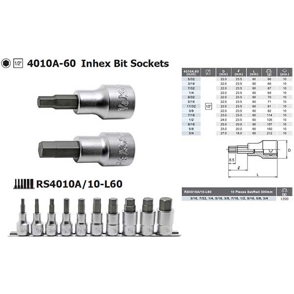 Koken 4010A.60-7/32 7/32''AF 60mm Long 1/2''Drive  HEX BIT Socket