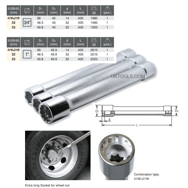 Koken 8102M400-32 32mm 1''Dr. Extra Long (400mm) Wheel Nut Socket