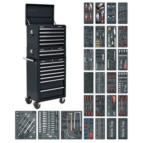 SealeyTool Chest Combination 14 Drawer with Ball Bearing Slides - Black & 1179pc Tool Kit